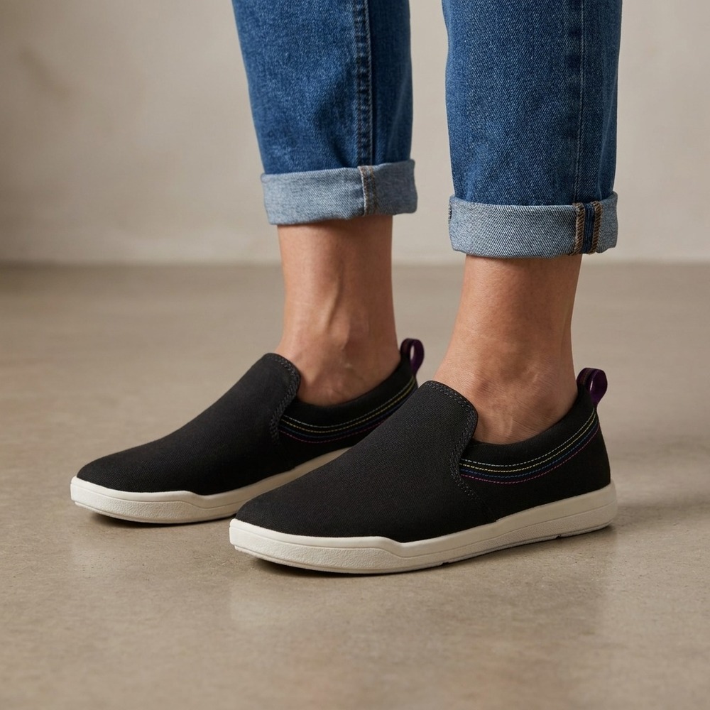 VIONIC Women Slip On Sneaker 6.5 Black Canvas Rainbow Marshall Casual